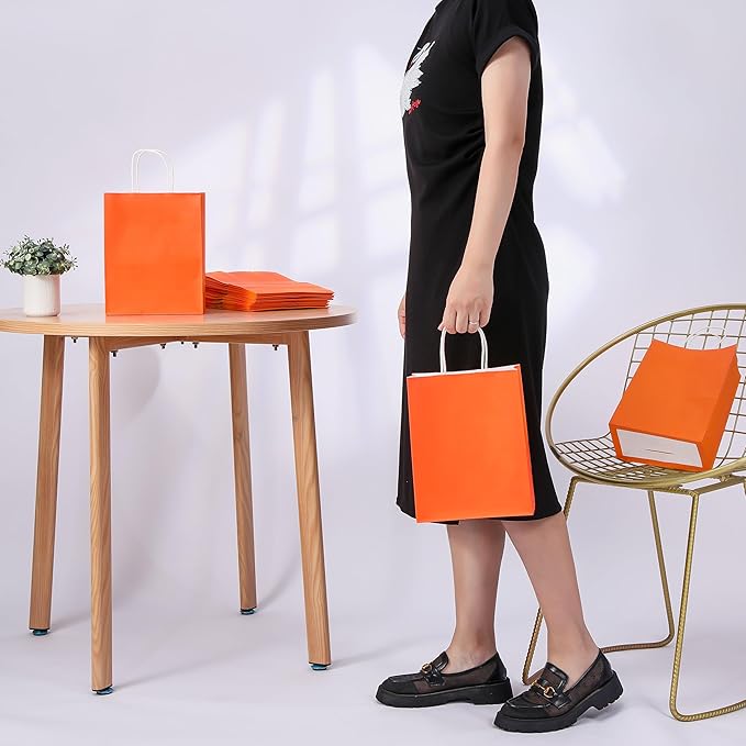 SUNCOLOR 25 Pack Orange Gift Bags with Handles – 8x4.5x10 Medium Bags for Shopping, Retail, DIY, Wedding, Party Favors & Special Occasions