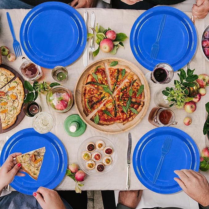 100PCS Blue Paper Plates Disposable Party Tableware Set Includes 7in & 9in Paper Plates Napkins and Forks Party Decoration Supplies for Birthday Graduation Wedding and Holiday, Serve 25