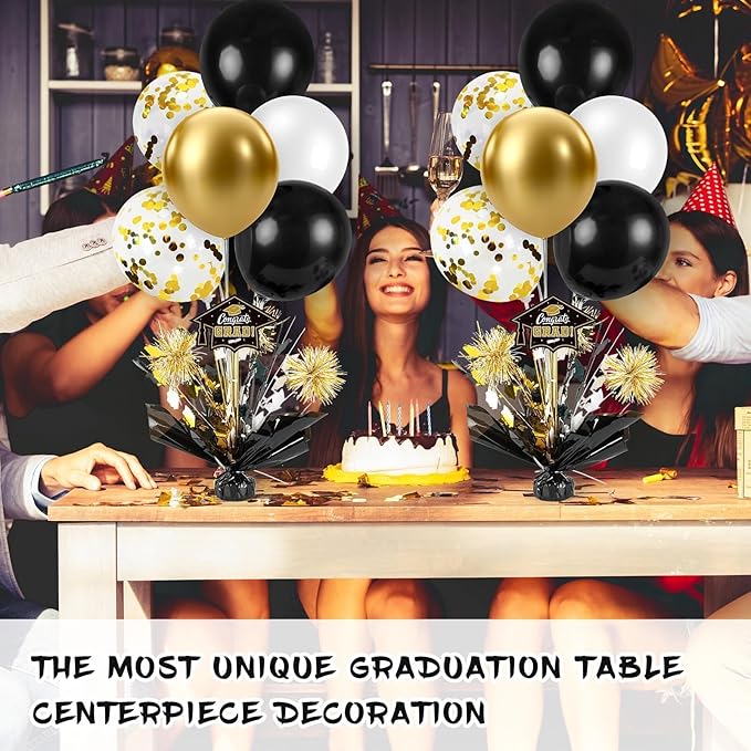 4 PCS Graduation Centerpieces for Tables Balloons Stand Holder Kit College Graduation Decorations 2026 Metallic Glitter Foil Balloon for Graduation Party Decorations Prom Decor(4, Black Gold)