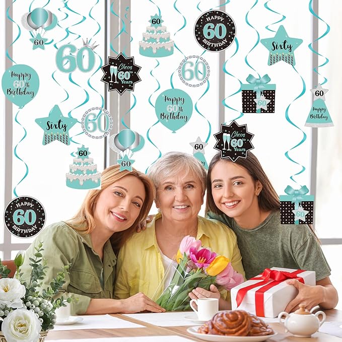 Happy 60th Birthday Party Hanging Swirls Streams Ceiling Decorations, Celebration 60 Foil Hanging Swirls with Cutouts for 60 Years Teal Silver Black Blue Birthday Party Decorations Supplies
