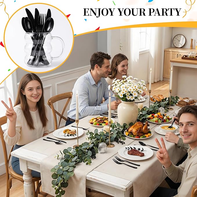 N9R 200PCS Black Plastic Silverware, Heavy Duty Black Plastic Cutlery Set Disposable Flatware Dinnerware, 100 Forks, 50 Knives, 50 Spoons for Outdoor Events, Party, Wedding and Daily Use