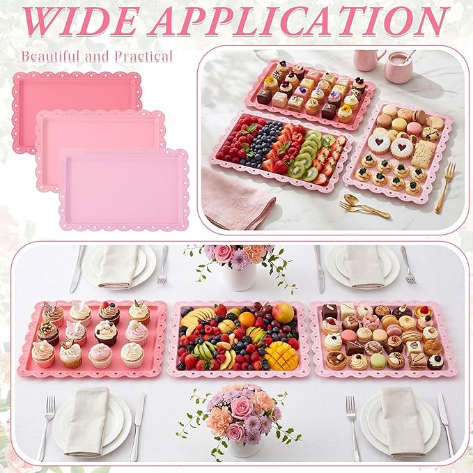 3 Pcs Pink Serving Trays Plastic Platters Dessert Cupcake Holder Party Supplies 14.4 x 9.3 Inches Rectangular Cookie Snack Display Tray for Wedding Restaurant