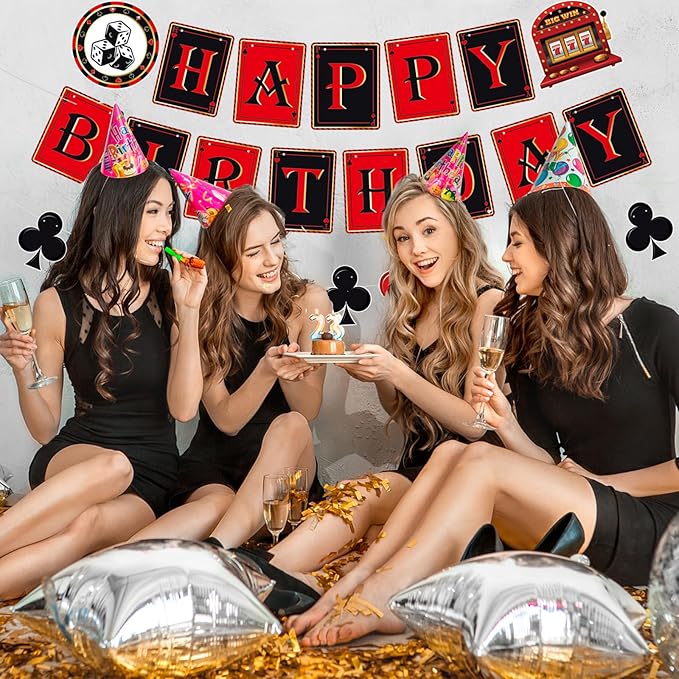Pre-Strung 11PCS Casino Theme Happy Birthday Banners - Red Black Poker Birthday Party Decorations - Hanging Swirl Decor Supplies - Casino Games