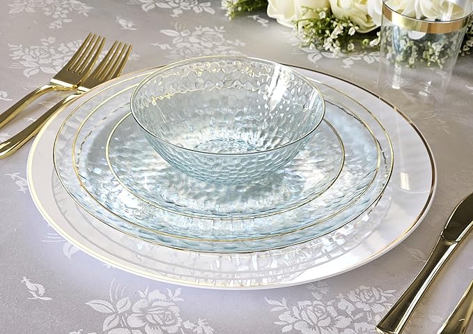 " OCCASIONS " 240 Plates Pack,(120 Guests) Heavyweight Premium Disposable Plastic Plates Set -120 x 10'' Dinner + 120 x 7'' Salad / Dessert (Coastal Clear & Gold)