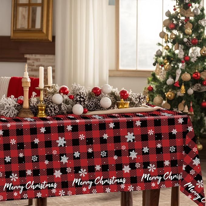 6 Pack Snowflake Tablecloth - Disposable Plastic Table Cover for Christmas Party Decoration Supplies - 54 x 108 Inches (Red Checkered Snowflake)