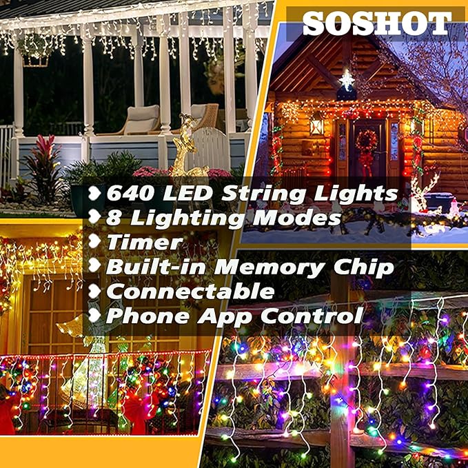 SOSHOT Christmas String Lights Outdoor - 49Ft/15M 640 LED 8 Modes with Remote Control and App Waterproof Christmas Lights for Patio Yard Garden Wedding Party-Warm White to Multicolor