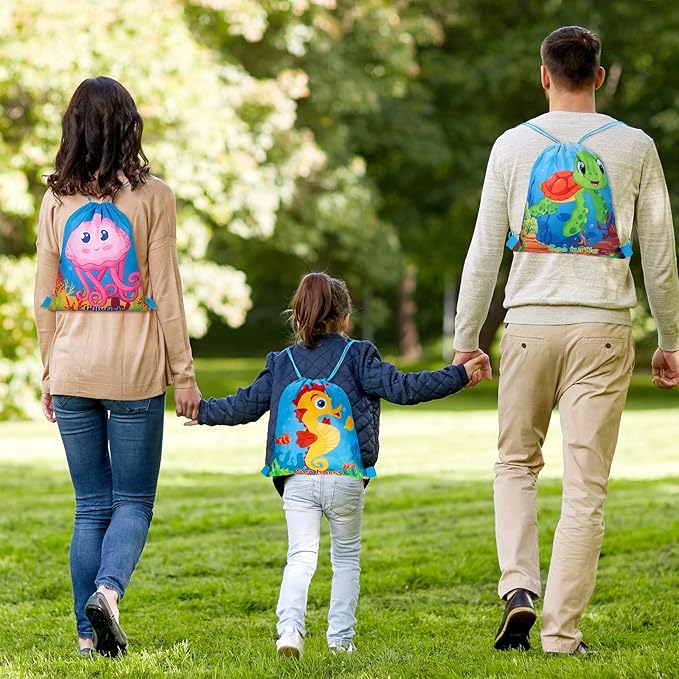 Woanger 12 Packs Ocean Party Supplies Favor Drawstring Bags Colorful Fish Backpack Bag Cartoon Sea Animal Birthday Goodie Bags String Pouch for Kids Ocean Themed Birthday Party Baby Shower Supplies