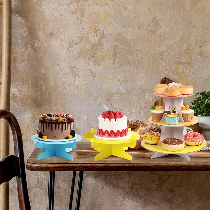6 Pieces Colorful Cupcake Stand Set 3 Tier Cardboard Dessert Tower 1Tier Cupcake Display Stand Serving Cupcake Holder for Birthday All Themed Party Events Cake Display, Pink, Blue, Yellow