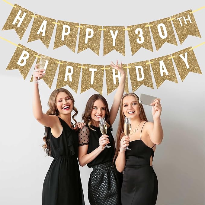 Netnology Pre-Strung Gold Happy 30th Birthday Banner Decorations,12 ft No DIY Gold Glitter 30th Birthday Party Banner Sign Decor for Women Men Girl Boy Party Supplies