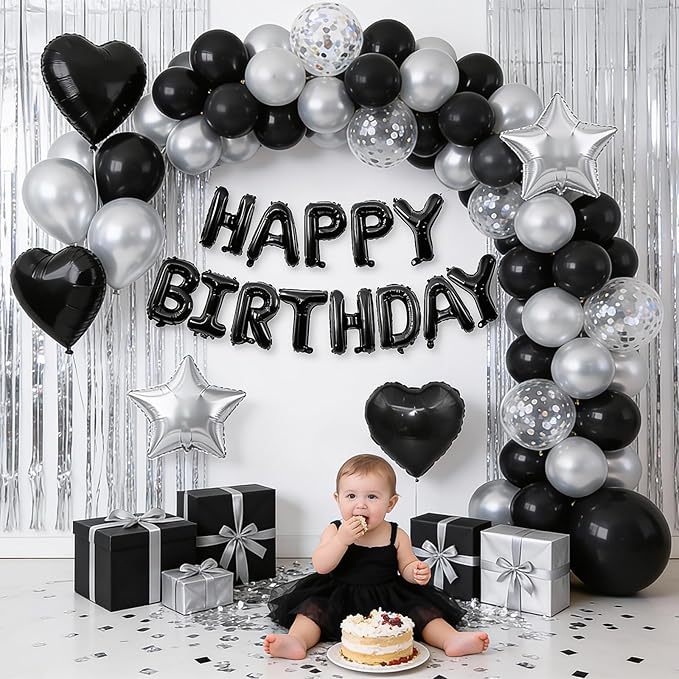 Black and Silver Birthday Decorations,Black and Silver Balloons Happy Birthdays Banner Balloon Heart and Star Foil Balloons for Men Boy Birthday Baby Shower Party Decorations