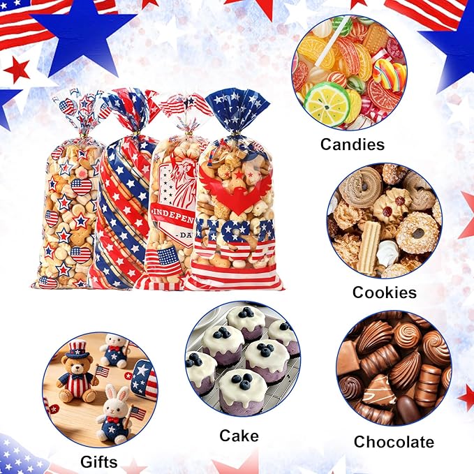 4th of July Cellophane Treat Bags, 200 PCS 4th of July Gift Bag, Patriotic Treat Bags, Plastic Red Blue and White Candy Cookie Goodie Snack Bag for Independence Day Fourth of July Party Favor Supplies
