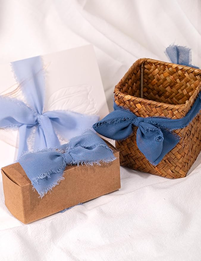 Chiffon Ribbon, Dusty Haze Pastel Blue 1.5''x21Yd Frayed Fringe Silk Ribbons for Gift Wrapping, Handmade Decor, Floral Vase, Mother's Day, Wedding, Graduation, Birthday, Engagement, 3 Rolls