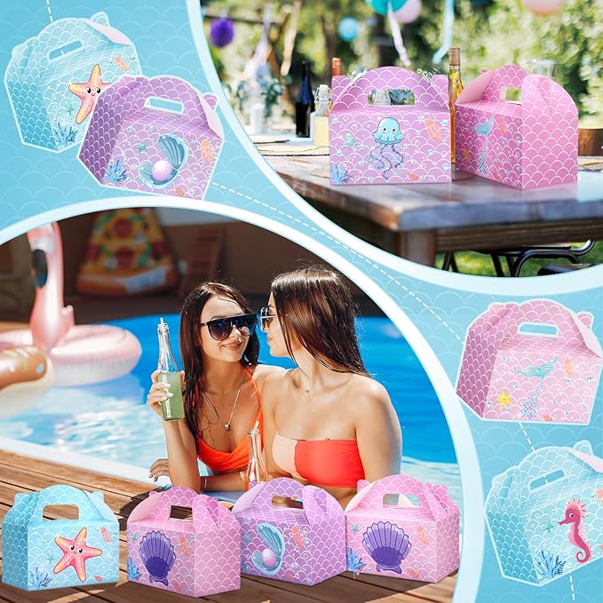 Dunzoom 24 Pcs Mermaid Party Favors Treat Boxes Shell Pearl Mermaid Goodie Bags Candy Gift Bags Ocean Gable Box with Handles for Girls Under The Sea Birthday Party Supplies