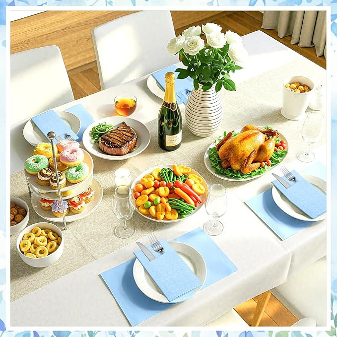 60 Pcs Light Blue Linen-Feel Paper Napkins with Built-in Flatware Pocket, Pocket Linen Napkins Prefolded Cloth Like Paper Napkins Bulk for Silverware Easter Wedding Baby Shower Birthday Bridal Party
