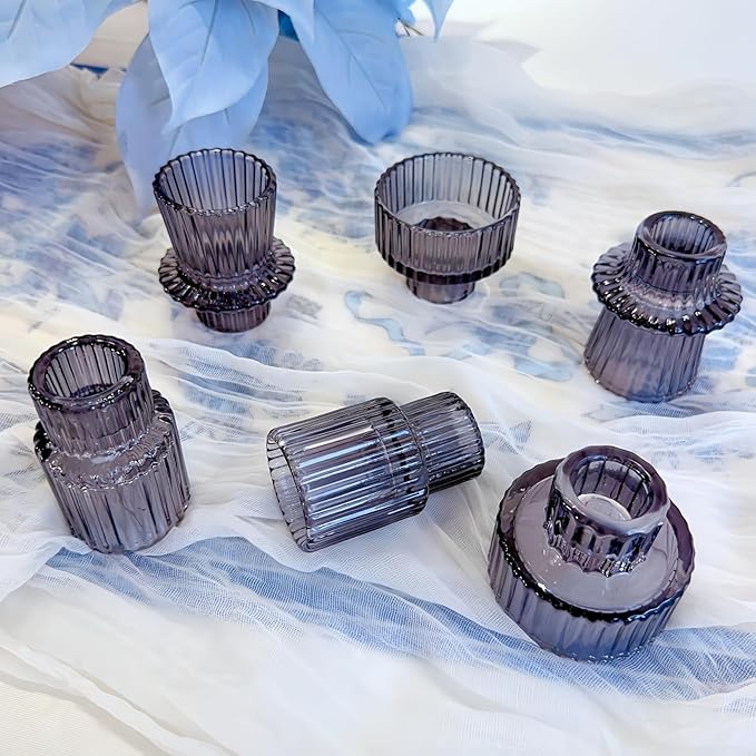 Double Sided Vintage Ribbed Taper Glass Candle Holders,Tea Candle Holder for Table Centerpieces, Wedding Decorations and Dinner Parties (Gray, 6 PCS)