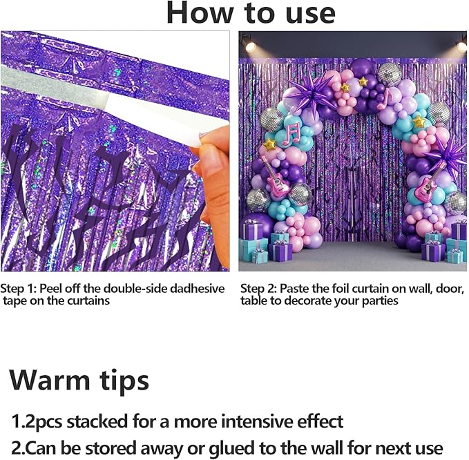 2 Packs Purple Foil Fringe Curtain, Purple Energy Pattern Glitter Metallic Tinsel Backdrop for Birthday, Baby Shower, Graduation, Bachelorette, Korean Idol Movie Party Decorations Favor Supplies