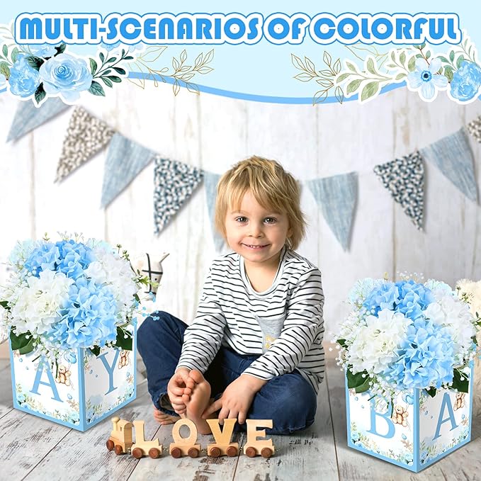 Bucherry 6 Pcs Baby Shower Centerpieces with Letters, 7" Baby Blocks Flower Boxes for Table Decorations, Gender Reveal Party Supplies & Photo Props(Blue,Blue Bear)