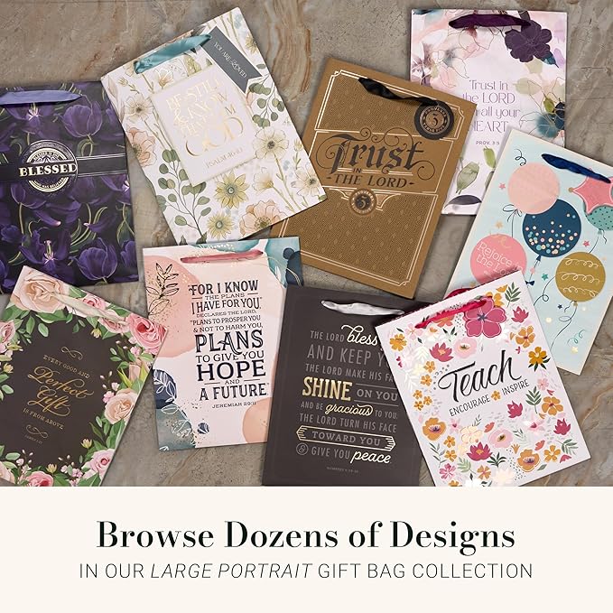 Christian Art Gifts Large Portrait Inspirational Scripture Gift Bag, Tag & Wrapping Tissue Paper Set for Women: Strength & Dignity Encouraging Bible Verse, Satin Ribbon Handles, Pink Multicolor Floral