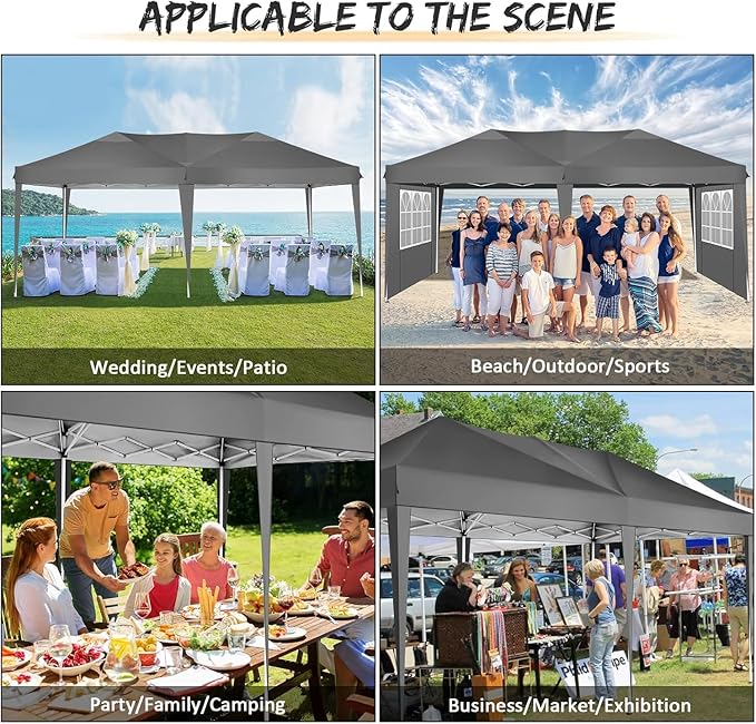 COBIZI 10x20 Pop up Canopy Tent Without Sidewall, Waterproof Portable Outdoor Canopy 10x20 Instant Shelter Tent for Parties, Wedding, Backyard, Carport with Carry Bag & 4 Sandbags(Gray)