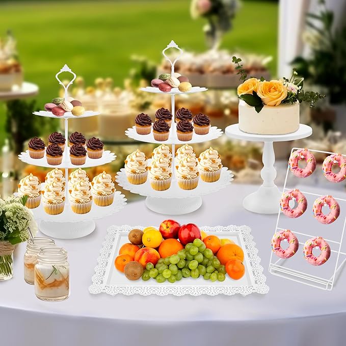 White Cake Stand Set, Dessert Table Display Metal Round Tiered Cupcake Holder Cookies Candy Donut Plate Table Serving Tower Tray Platter For Wedding, Celebration, Party, Birthday (5 Pack)