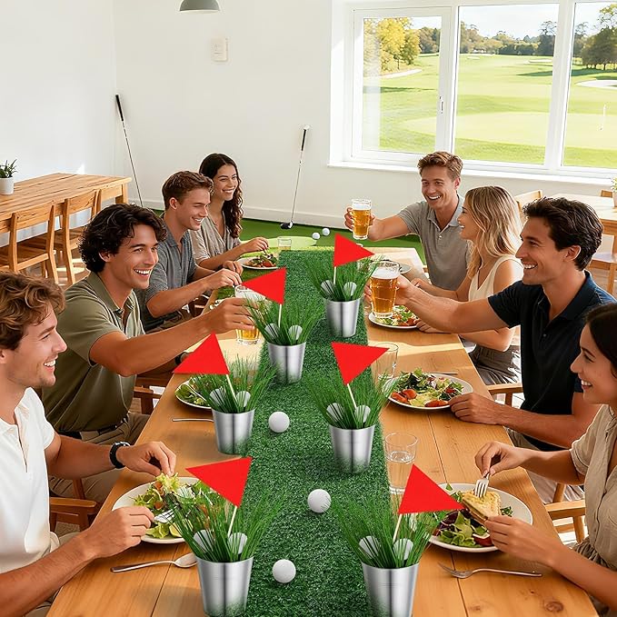 6 Set Golf Party Table Decoration Include 1 Artificial Turf Table Runner 12 Mini Balls 6 Flags 6 Bucket 90 Faux Grass Centerpieces for Golf Masters Party Sport Themed Birthday DIY Decor Favors