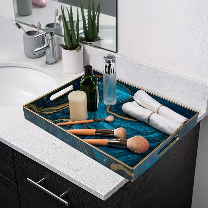 MAONAME Plastic Decorative Tray, Marbling Tray with Handles, Rectangular Coffee Table Trays, Blue Serving Trays for Ottoman, Bathroom, 15.7” x 11.8”