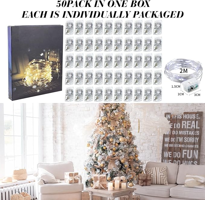 ZGWJ 50 Pack Fairy Lights Battery Operated, 7FT 20LED Mini Fairy String Lights Silver Wire 3 Modes for DIY, Parties, Wedding, Bedroom, Halloween Christmas Decoration- Cold White