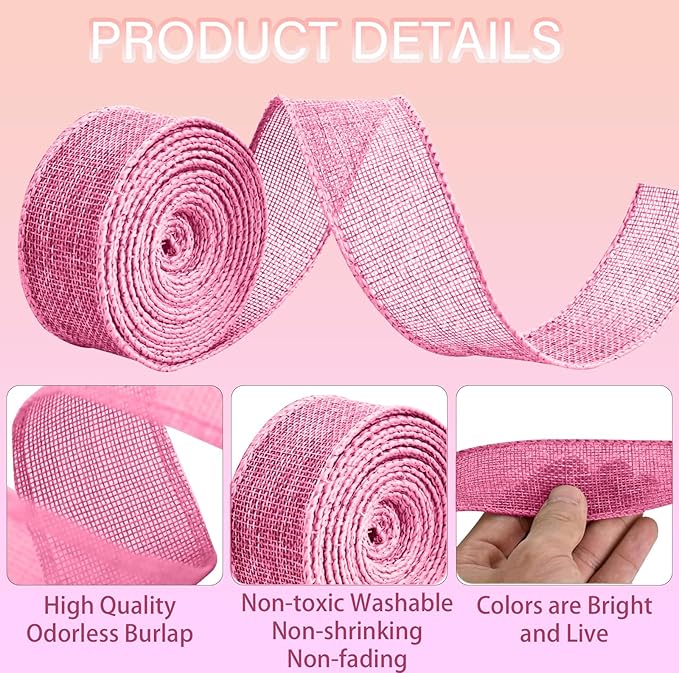Pink Burlap Ribbon 1-1/2 inch X 10 Yard Natural Burlap Woven Wired Ribbons DIY Handmade Edging Production Wreath Holiday Decoration Gift Ribbon for Gift Wrapping Pink Ribbons