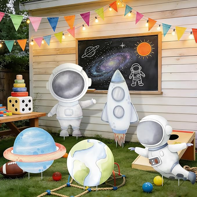 5 Pcs Outer Space Baby Shower Decorations, Astronaut Rocket Planet Earth Cardboard Cutouts Standups, Space Themed Photo Booth Props Signs for Kids Birthday Party Outdoor Yard Lawn Decor