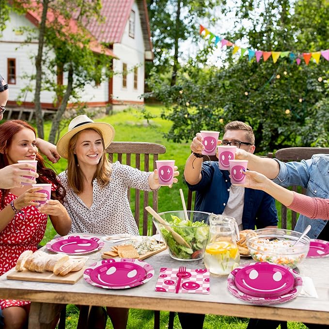 Kochorie 144 Pieces Preppy Party Supplies, Pink Preppy Smile Face Tableware Sets Including Disposable Paper Plates Napkins Cups Forks Serves 24 for Smiley Face Baby Shower Birthday Party Decorations