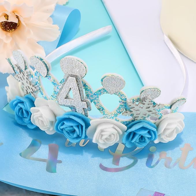 CUBACO 4th Birthday Crown Headband and Sash, 4 Year Old Girl Birthday Gifts for Blue Princess Crown, Frozen Party Decorations Favors for Girls Outfit