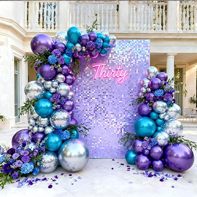 Bezente Frozen Balloons Kit, 60pcs 12 inch Blue Purple Latex Balloons Metallic Silver Helium Balloons for Girls Birthday Wedding Baby Bridal Shower Wonderland Winter Ice Snow Theme Party Decorations