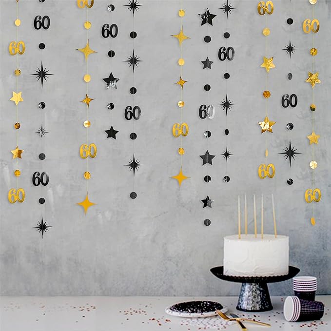 Black Gold 60th Birthday Decorations Number 60 Circle Dot Twinkle Star Garland Metallic Streamer Bunting Banner Backdrop for Mens Cheers to 60 Year Old Happy 60th Birthday Anniversary Party Supplies