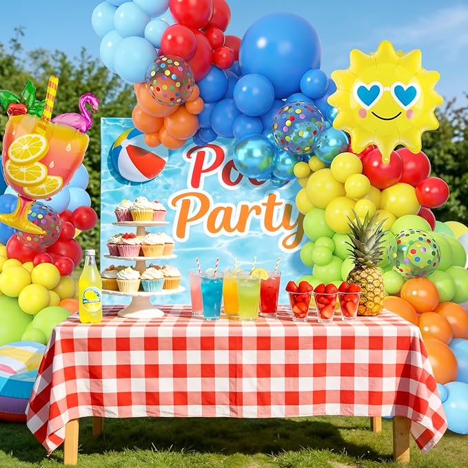 Amandir 165Pcs Summer Beach Pool Party Balloons Decorations Splash Tropical Balloon Arch Garland Kit, Foil Wine Glass Sun Colorful Balloons for Hawaiian Luau Holiday Swimming Birthday Party Backdrop