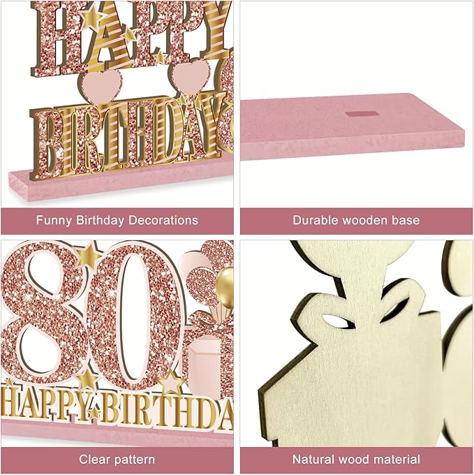 4 Pieces 80th Birthday Vintage 1946 Wooden Table Centerpieces Decoration for Women, Pink Rose Gold Happy 80 Birthday Table Sign Party Supplies, Hello Eighty Year Old Bday Table Decor