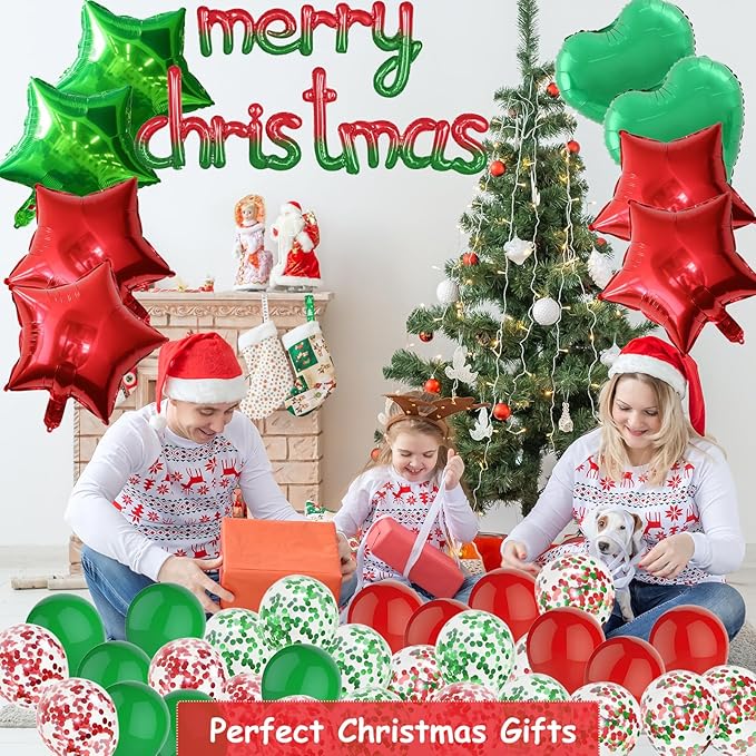Merry Christmas Balloons Party Decorations - 41pcs Marry Christmas Banner Balloons Kit for Office Arch Decoration, Xmas Sign Banners Party Decor Photo Props, 12in Red and Green & 18in Foil Balloon