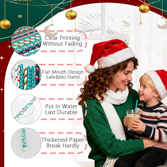 100 Pack Christmas Biodegradable Paper Straws, Red & Green Striped Holiday Drinking Straws, Non-Soggy, Party Supplies for Xmas Decorations, Santa, Festive Celebrations
