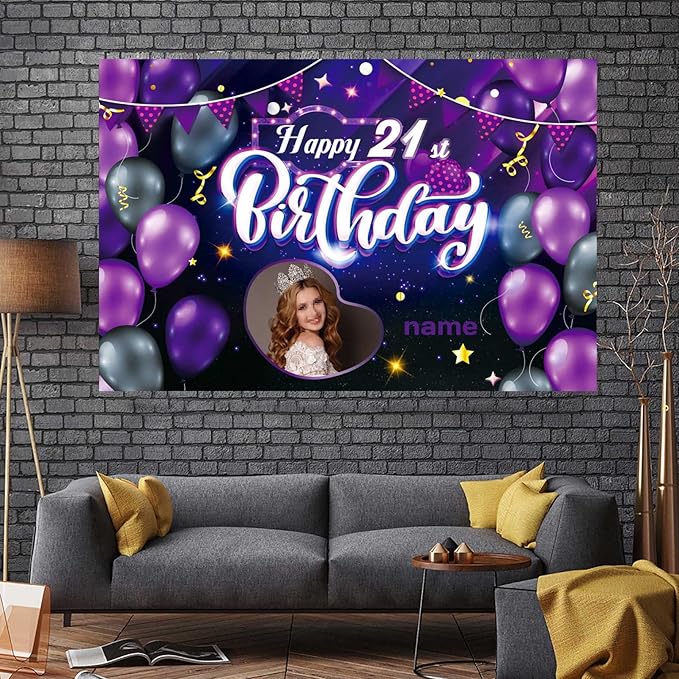 Custom Purple Theme 21st Birthday Decorations Banner - Personalized Fabric Banner for 21st Birthday Party Supplies