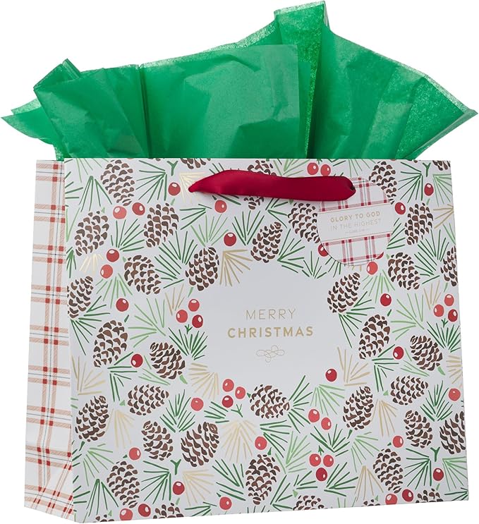 Christian Art Gifts Large Landscape Inspirational Scripture Holiday Festive Gift Bag, Tag & Wrapping Tissue Paper Set for Men & Women: Merry Christmas, Satin Ribbon Handles, Multicolor Pinecone & Gold