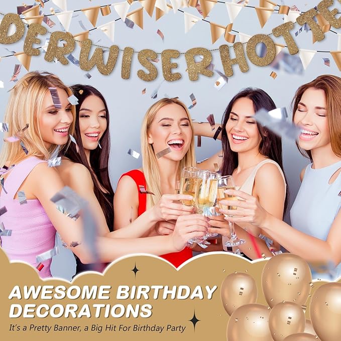 Fulmoon Set of 3 Pre Strung Older Wiser Hotter Glitter Banner Funny Birthday Banner for Women 30th 40th 50th 60th 70th 80th Birthday Party Decorations Sign Gift(Dark Champagne)