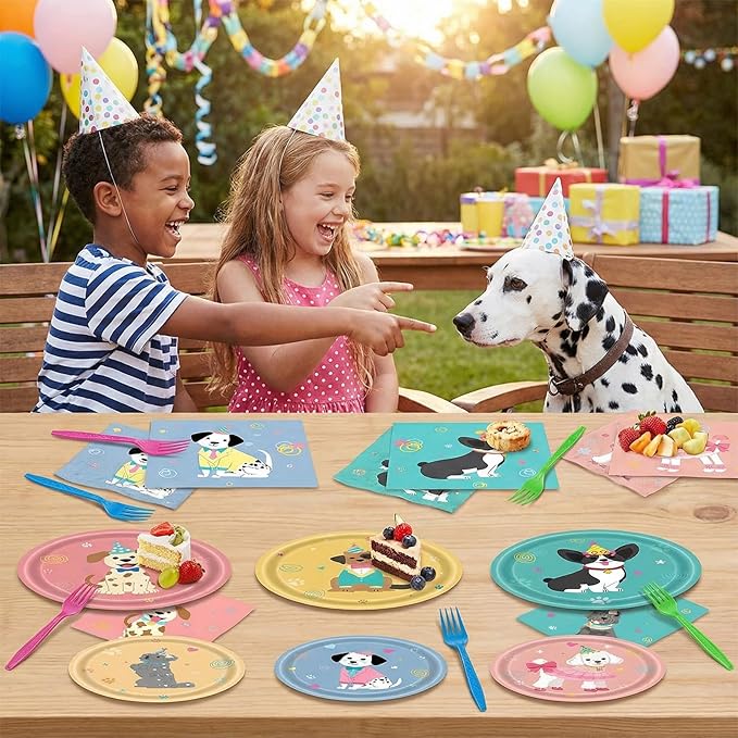 96Pcs Pet Dog Birthday Decorations, Retro Dog Birthday Party Supplies Puppy Themed Party Plates Napkins and Fork Disposable Dinnerware Set for Doggy Kids Birthday Baby Shower Table Decor, Serve 24