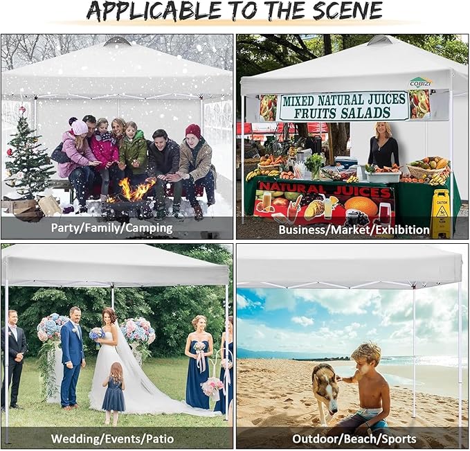 COBIZI 10x10 Pop Up Canopy Tent, One Push Outdoor Gazebo with 4 Removable Sidewalls & Air Vent, Waterproof Commercial Easy Up Adjustable Canopy with 4 Sandbags, 4 Stakes & 8 Ropes for Party, White