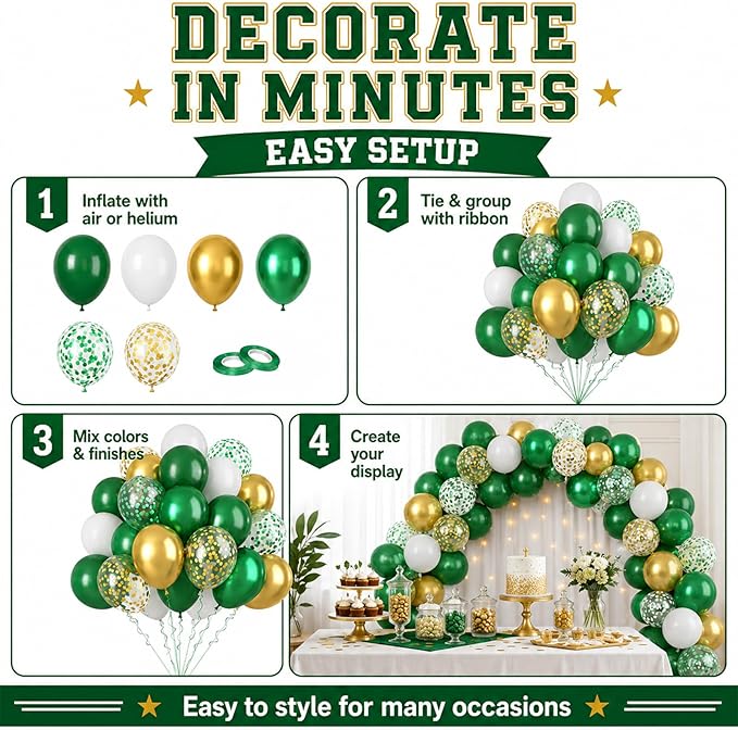 Green and Gold Balloons, 60PCS Metallic Gold and Green Balloons Set, 12 Inch Metallic Confetti Latex Balloon Helium for Birthday Safari Jungle Baby Shower Anniversary Graduation Party Decor