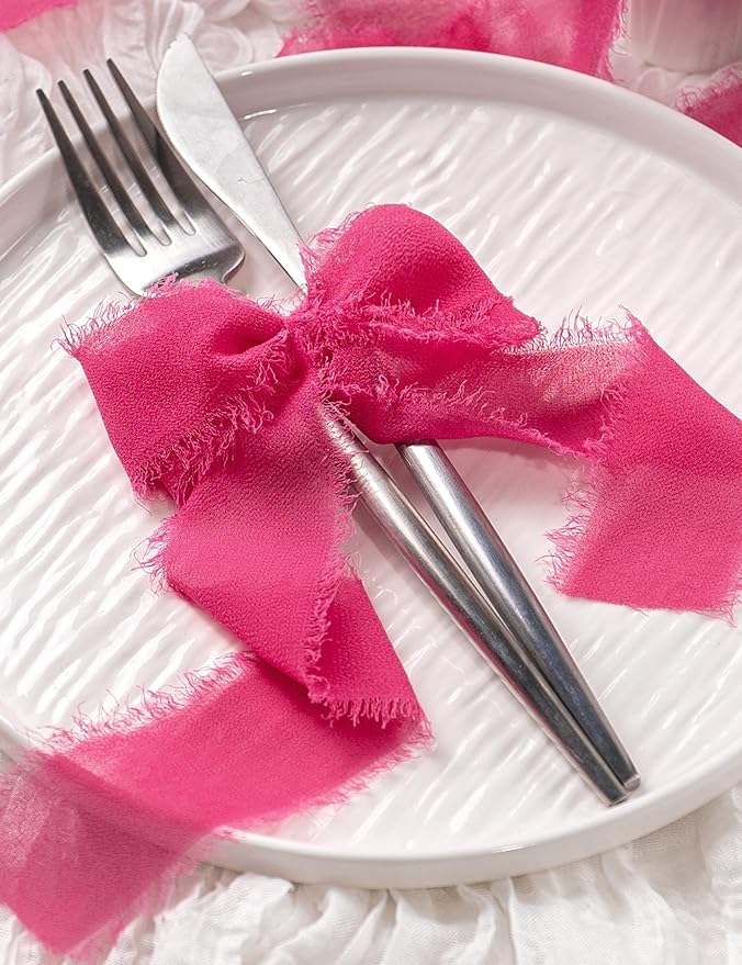 Chiffon Ribbon, Hot Pink Silk Ribbons, Pink Party Decoration, 1.5''x21Yd Handmade Frayed Fringe Ribbon for Wrapping, Floral Vase, Craft, Birthday, Engagement, Wedding, Mother's Day, 3 Rolls