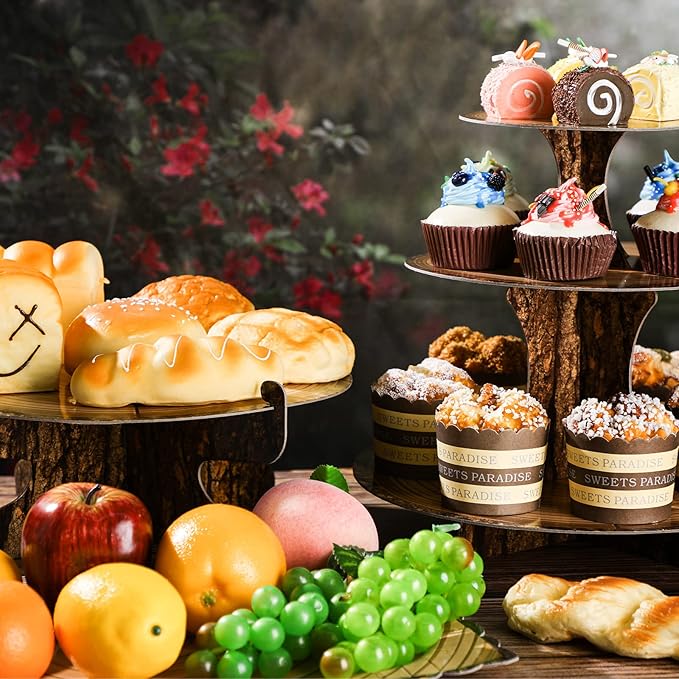 Sawysine 7 Pcs Woodland Cupcake Stand Set Woodland Baby Shower Decorations 3 Tier 2 Wooden Cupcake Stand 1 Rustic Cake 4 Rectangle Serving Tray Birthday Western Camping Hunting Supplies(Rectangle)