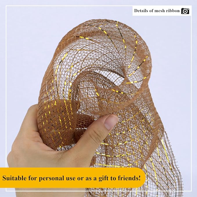2 Pcs Brown Deco Mesh Ribbon Rolls 10 Inch 10 Yards(30 ft) Decorative Mesh Fabric with Foil for Wreaths Christmas Tree Ribbon Door DIY Craft Halloween Decor Wedding Party Supplies (Brown, 2Pcs)