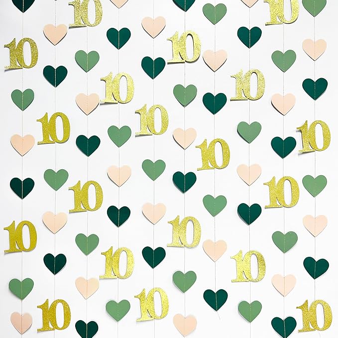 Sage Green Gold 10th Birthday Decorations Sage Green Gold Heart Garland Streamer Banner Backdrop for Girls Happy 10th Birthday Double Digits I'm 10 Cheers to 10 Years Old Anniversary Party Supplies