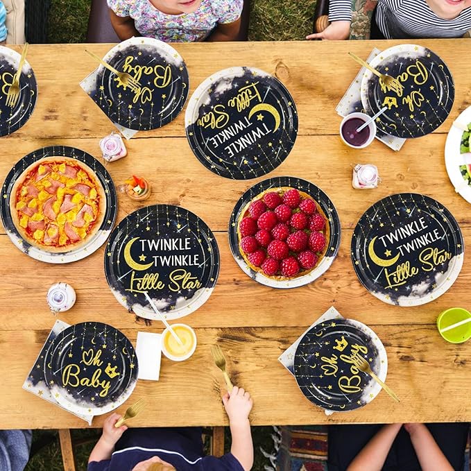 96Pcs Twinkle Twinkle Little Star Party Decoration Star Moon Baby Shower Plates and Napkins Navy Blue Gender Reveal Tableware Set for Boys Girls Baby Shower Celestial Birthday Party Supplies Serves 24