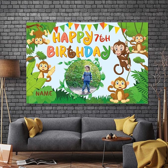 Custom Monkey Jungle Safari Happy Birthday Party Decorations Supplies Personalized Monkey Jungle Safari Green Birthday Backdrop Banner(4x6ft)