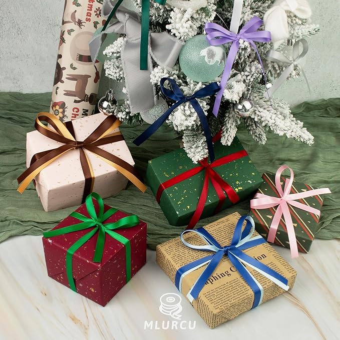 Satin Ribbon 3/8 Inch Thin Ribbon 48 Yards Assorted Colorful Bulk Ribbon Pack, Double Faced Satin Ribbon Set, Thick Silk Fabric Ribbons for Crafts, Christmas Gift Wrapping, Hair Bows Making, Sewing